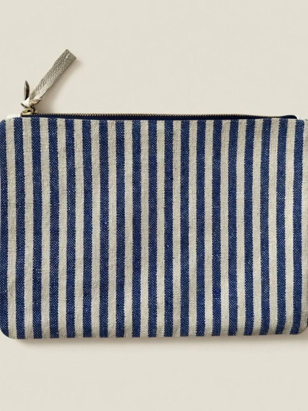 Clare V Orange Red Flower Accents Blue & White Stripe Canvas Pouch Clutch 8”X12” - Picture 2 of 6